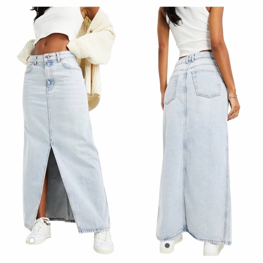 Mango MNG Womens Light Wash Denim Maxi Skirt S-Front Slit High Waist Jean Skirt